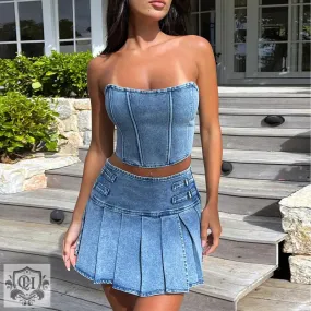 Strapless Denim Top & Pleated Skirt