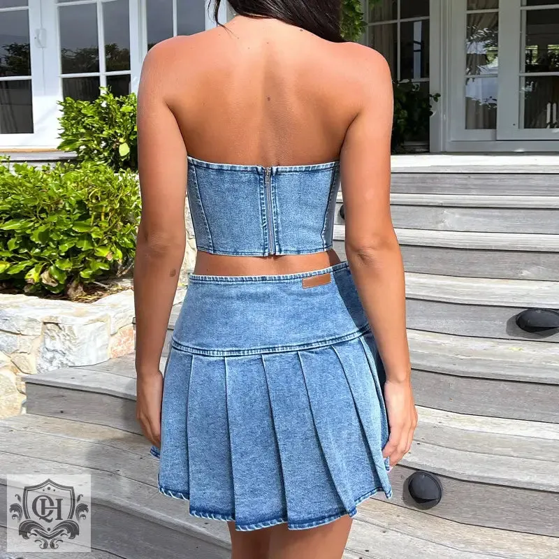 Strapless Denim Top & Pleated Skirt