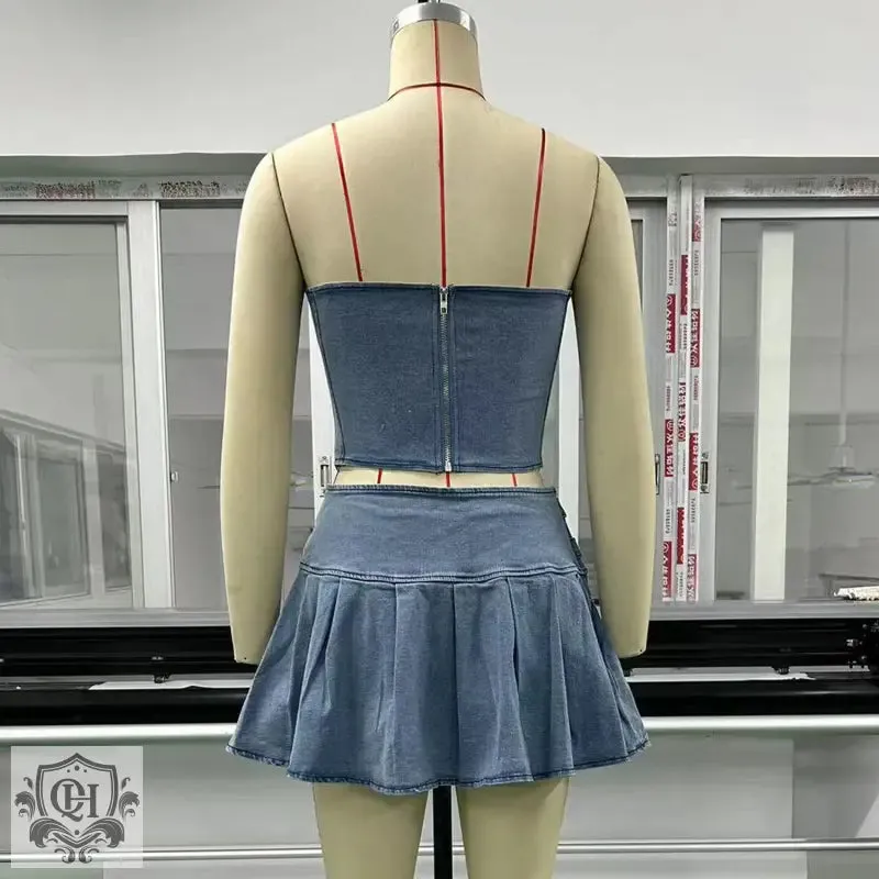 Strapless Denim Top & Pleated Skirt