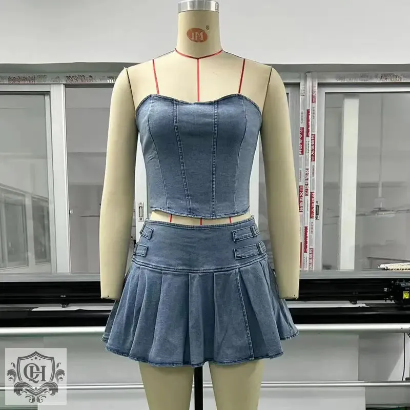 Strapless Denim Top & Pleated Skirt