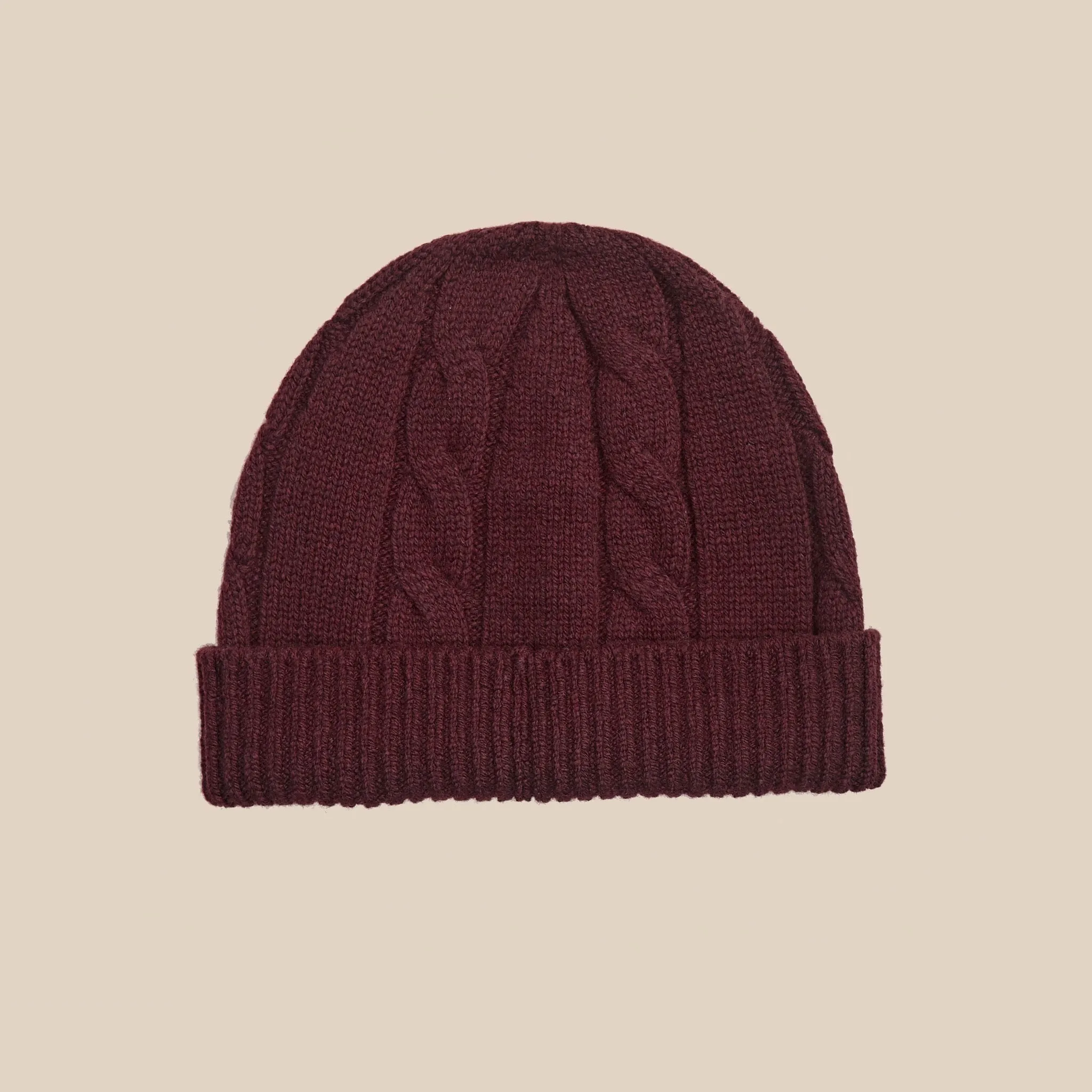 Superfine lambswool cable beanie in burgundy