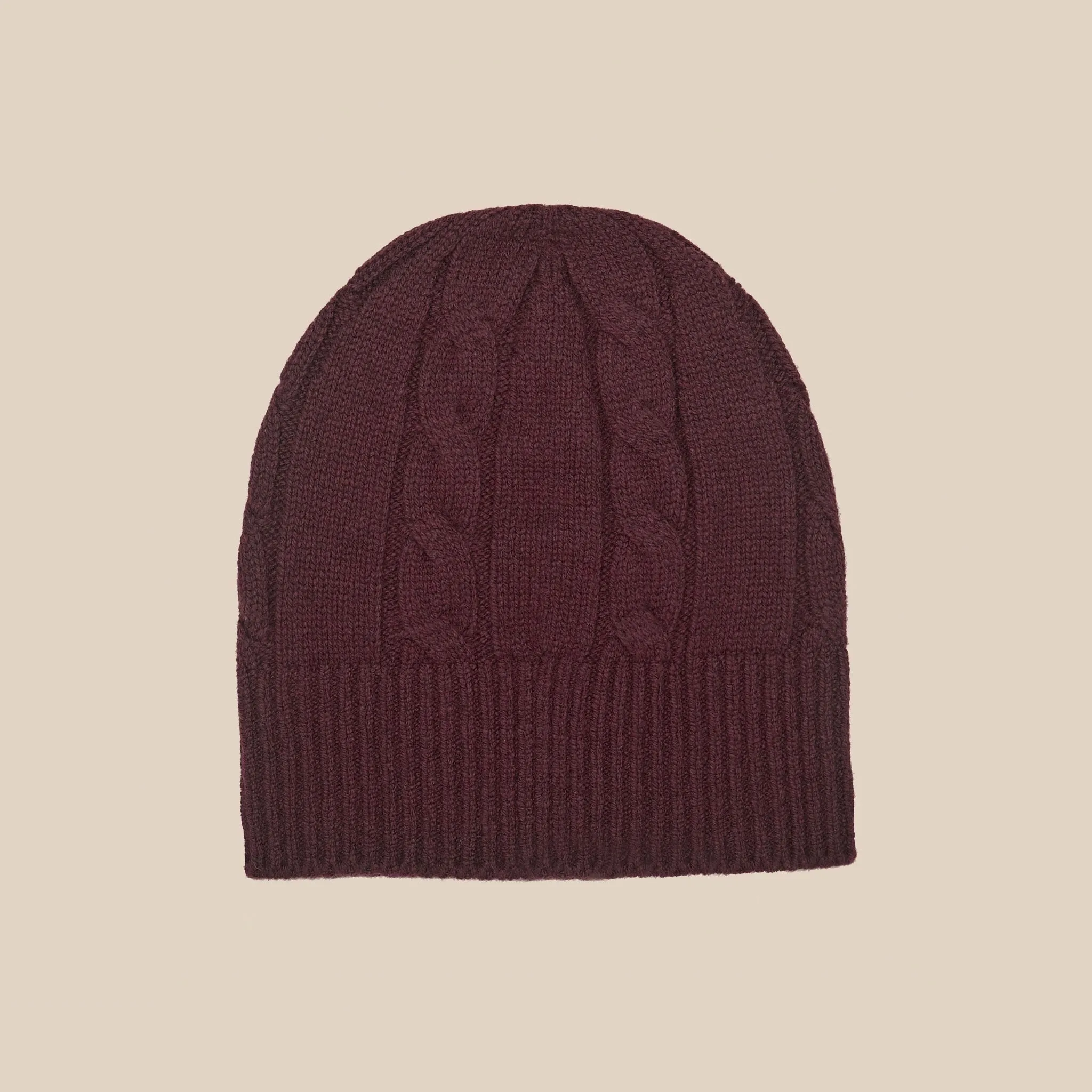 Superfine lambswool cable beanie in burgundy