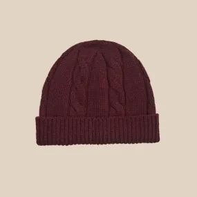 Superfine lambswool cable beanie in burgundy