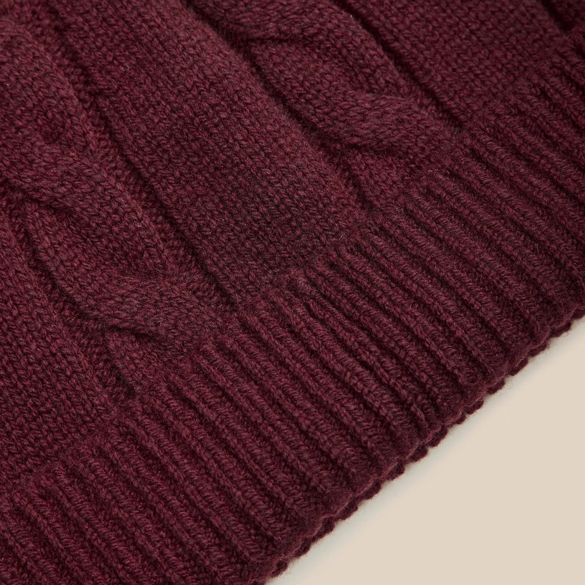 Superfine lambswool cable beanie in burgundy